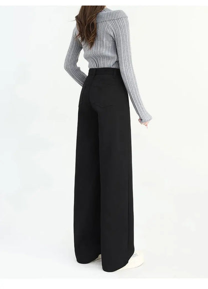 Winter Thick Warm Womens High Waist Jeans Fleece Lined Loose Fit Wide Leg Trousers Korean Style Stretchy Adjustable Waist  Jeans