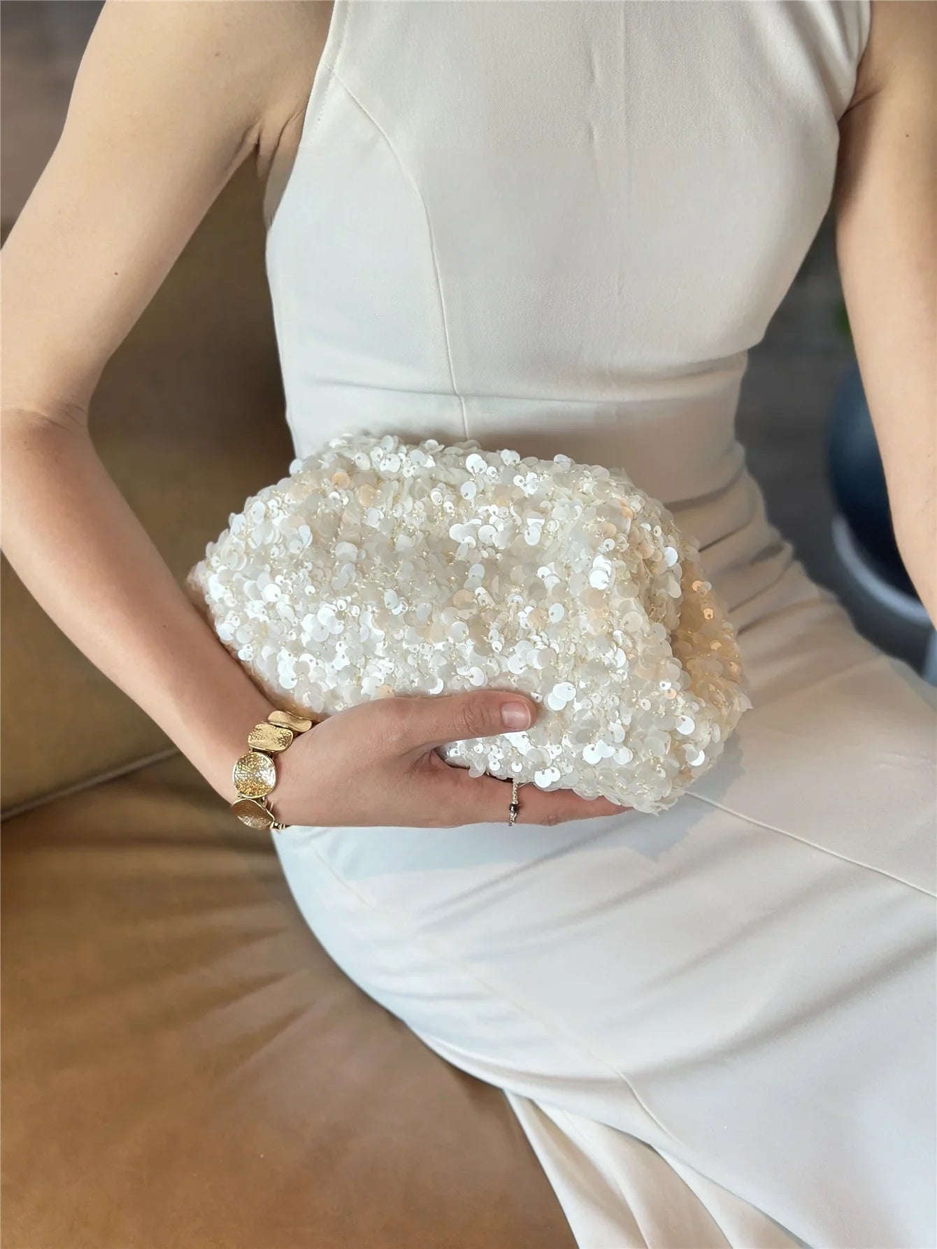 White Sequined Clutch Bag Versatile Beaded Chain Shoulder Bag Fashion High-end Bridal Party Handbag Trendy Clip Bag Evening Bag