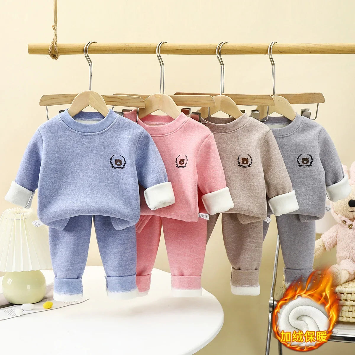 New Children's Warm Underwear Set Boys and Girls Winter Cartoon Plus Velvet Thick Round Neck Sleepwear 2PCS Set