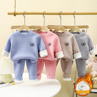 New Children's Warm Underwear Set Boys and Girls Winter Cartoon Plus Velvet Thick Round Neck Sleepwear 2PCS Set