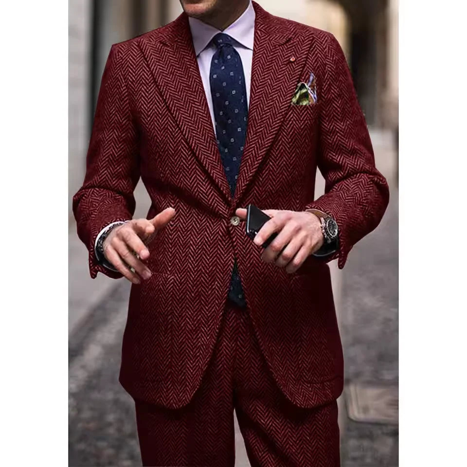 Men's Herringbone Two-Piece Suit Notch Lapel Single-Breasted Slim Fit Comfortable Waist Casual Elegant Business Suit Set Formal