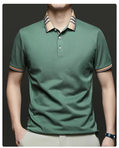 Fashion brand luxury short sleeve polo shirt men summer quality silky cotton breathable business casual striped collar T-shirt