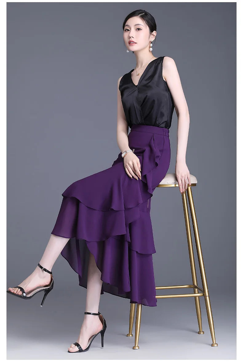 Fashion Irregular Fishtail Chiffon Skirts Elegant High Waist Summer Luxury Party Skirt Female Ruffles Long Skirts