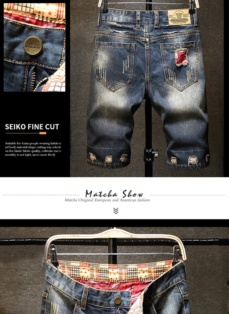 New in Ripped Shorts Men's Summer Fashion Hip Hop Vintage Short Jeans Slim High Street Hole Knee Long Pants Male