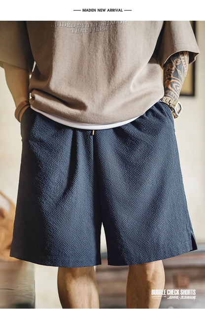 Men's Lightweight Seersucker Solid Shorts Texture Straight Five Inch Thin Breathable American Retro Workwear Casual Summer