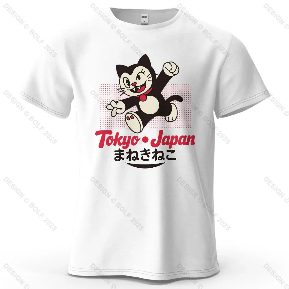 Tokyo Japan Maneki Neko Printed Men's T-Shirt 100% Cotton Oversized Cute Graphic Tees for Women Tops Tees Streetwear