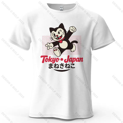 Tokyo Japan Maneki Neko Printed Men's T-Shirt 100% Cotton Oversized Cute Graphic Tees for Women Tops Tees Streetwear