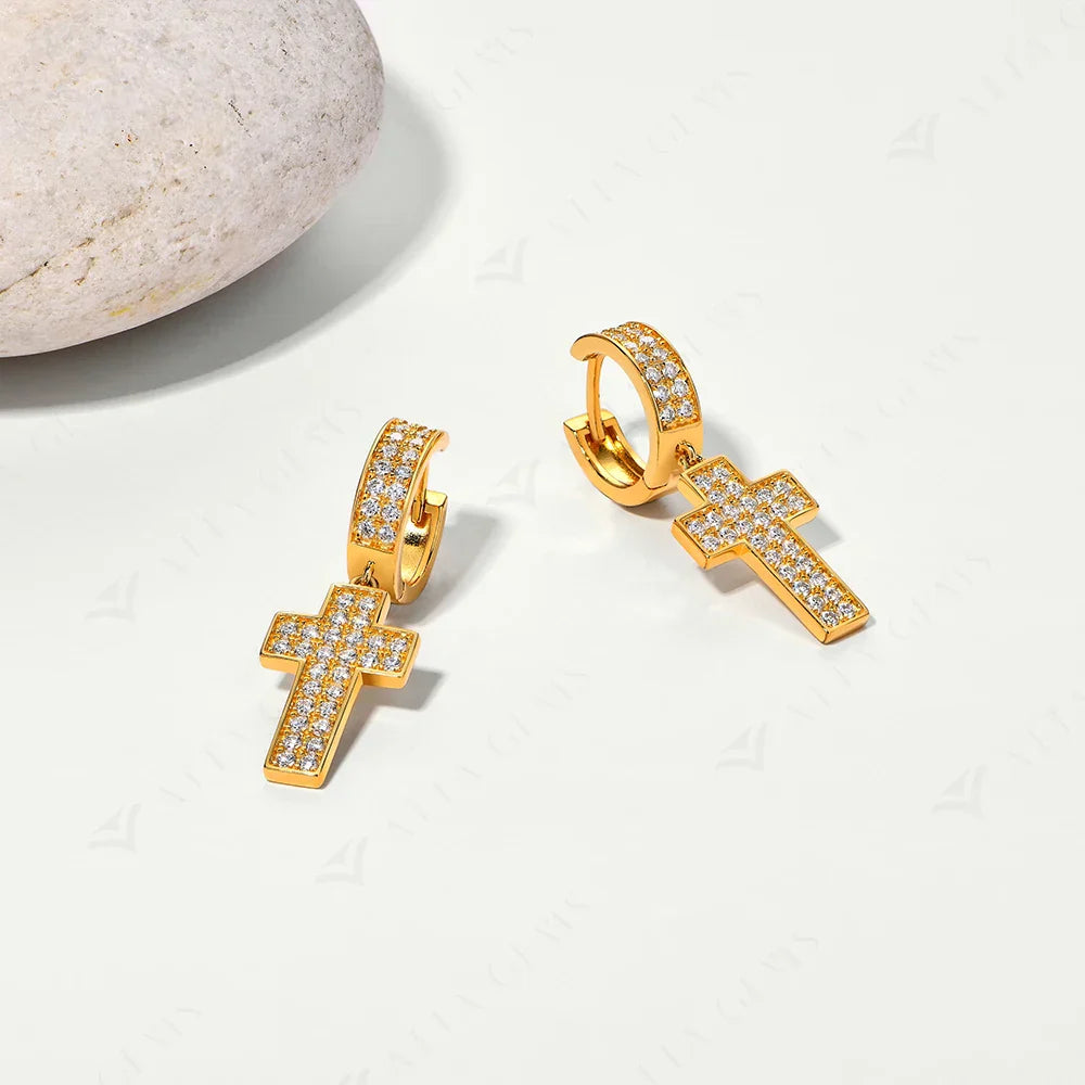 Classic Moissanite Earrings for Women Cross Drop Earrings 925 Sterling Silver Wedding Party 18K Gold Plated Jewelry New