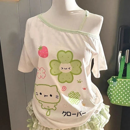 Ezgaga Harajuku T Shirts Women Cartoon Sweet Diagonal Collar Short Sleeve Off Shoulder Funny Tops Female Y2k Ladies Tshirts