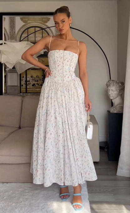 Summer Print Strappy Long Dress A-line Casual Beach Vacation Dress for Women
