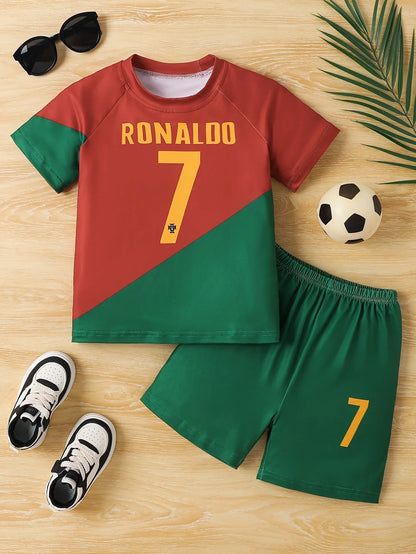 2025 Summer New Children's Red and Green Splicing No.7 Quick drying Sports Football Set