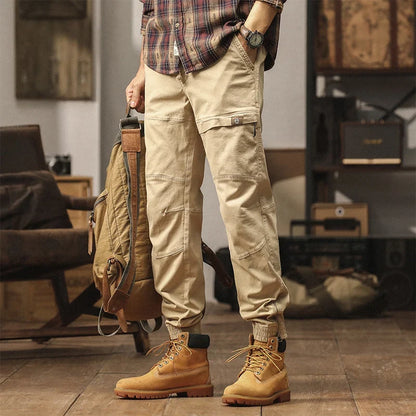 Cotton Men's Cargo Pants Elastic Waist Stretch Trouser Male Multi Pocket Casual Jogger Fit Ankle Length Zipper Purple Drawstring