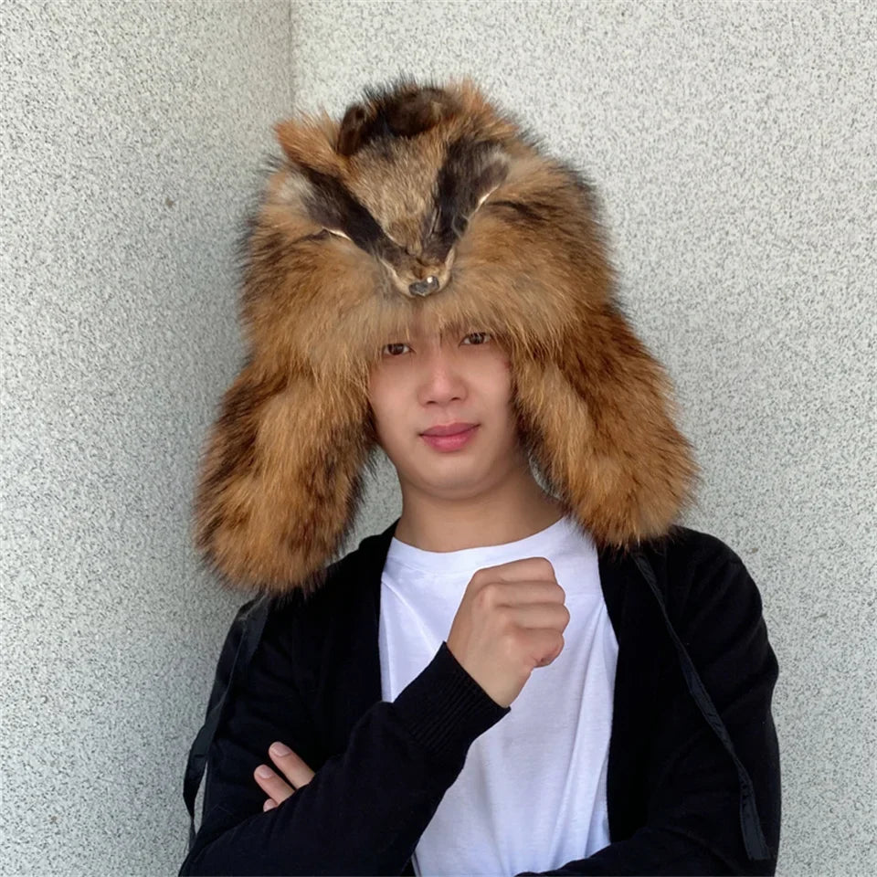 Men's Hat Winter Natural Raccoon Fur Er Hats Russian Hat Outdoor Warm Soft Luxury Quality Real Fur Cap Fur Hat for Men Caps
