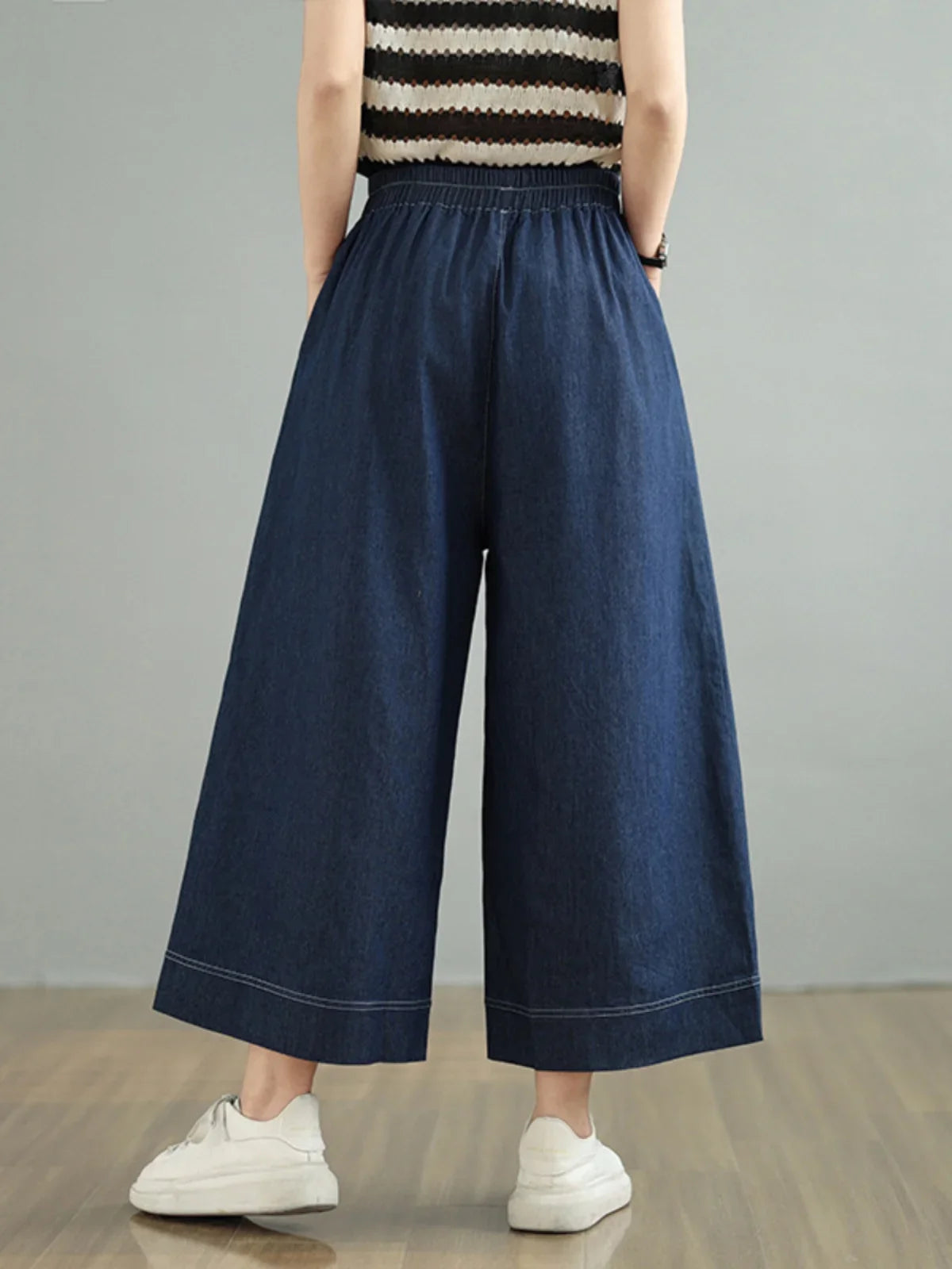 Spring 2026 plus Size Elastic Waist Denim Pants Women's Loose Wide Leg Casual Nine Point Skirt Pants High Waist Blue Jeans