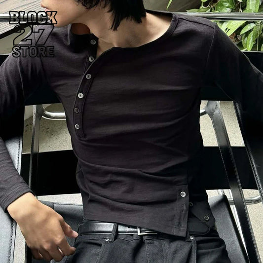 Mens Long Sleeve Y2K Cotton T-shirt Harajuku High Street Streetwear Button Design Casual Top Loose Fit New Arrival Unisex Trend