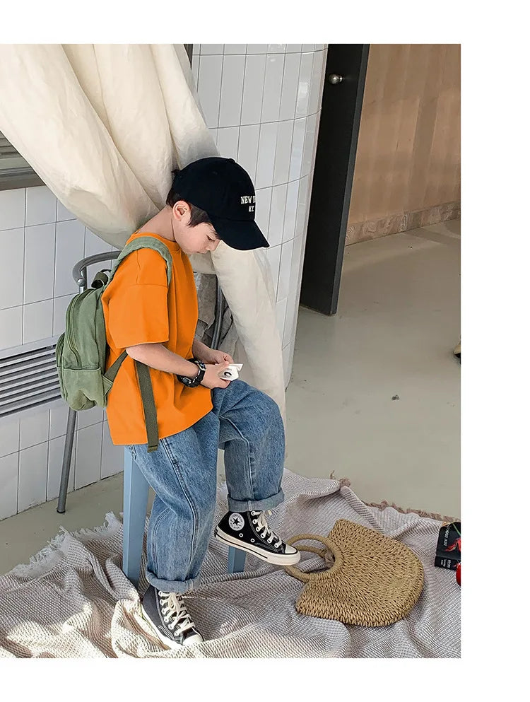 Summer Casual School Kids Cotton Plain Tee Tops Baby and Boys Short-Sleeved T-Shirt Children Outfit Clothing 1-16 Years