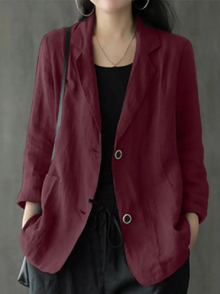 Women Lapel Neck Long Sleeve Blazer Autumn Vintage Casual Solid Cotton Blazer Elegant Cardigan Thin Coats Work Suits