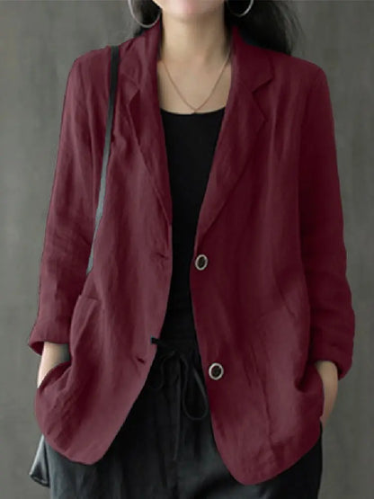 Women Lapel Neck Long Sleeve Blazer Autumn Vintage Casual Solid Cotton Blazer Elegant Cardigan Thin Coats Work Suits