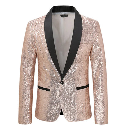 Shiny Gold Men Sequin Glitter Embellished Blazer Jacket, Nightclub Prom Suit Coats Mens Costume Homme Stage Clothes For Singers