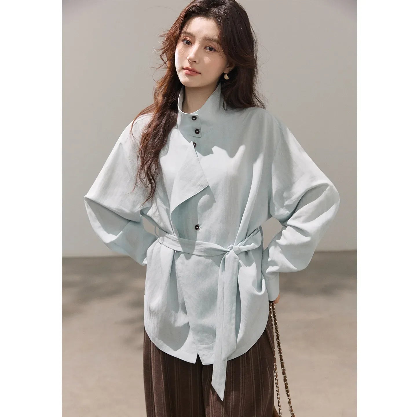Women's Stand Collar Long Sleeve Shirts Spring Belted Waist Asymmetric Button Tops Casual Loose Solid Shirt MXF13C2459