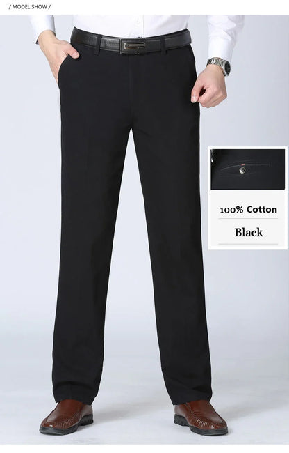 Men's Spring Autumn 100% Cotton Middle-aged Business Trousers Straight Slacks High Waist Dad's Thin Thick Casual Male Suit Pants