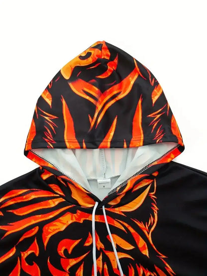 Men's 3D Tiger Graphic Hoodie, Active Slightly Stretch Breathable Hooded Sweatshirt For Outdoor 2023 Autumn and Spring Fashion