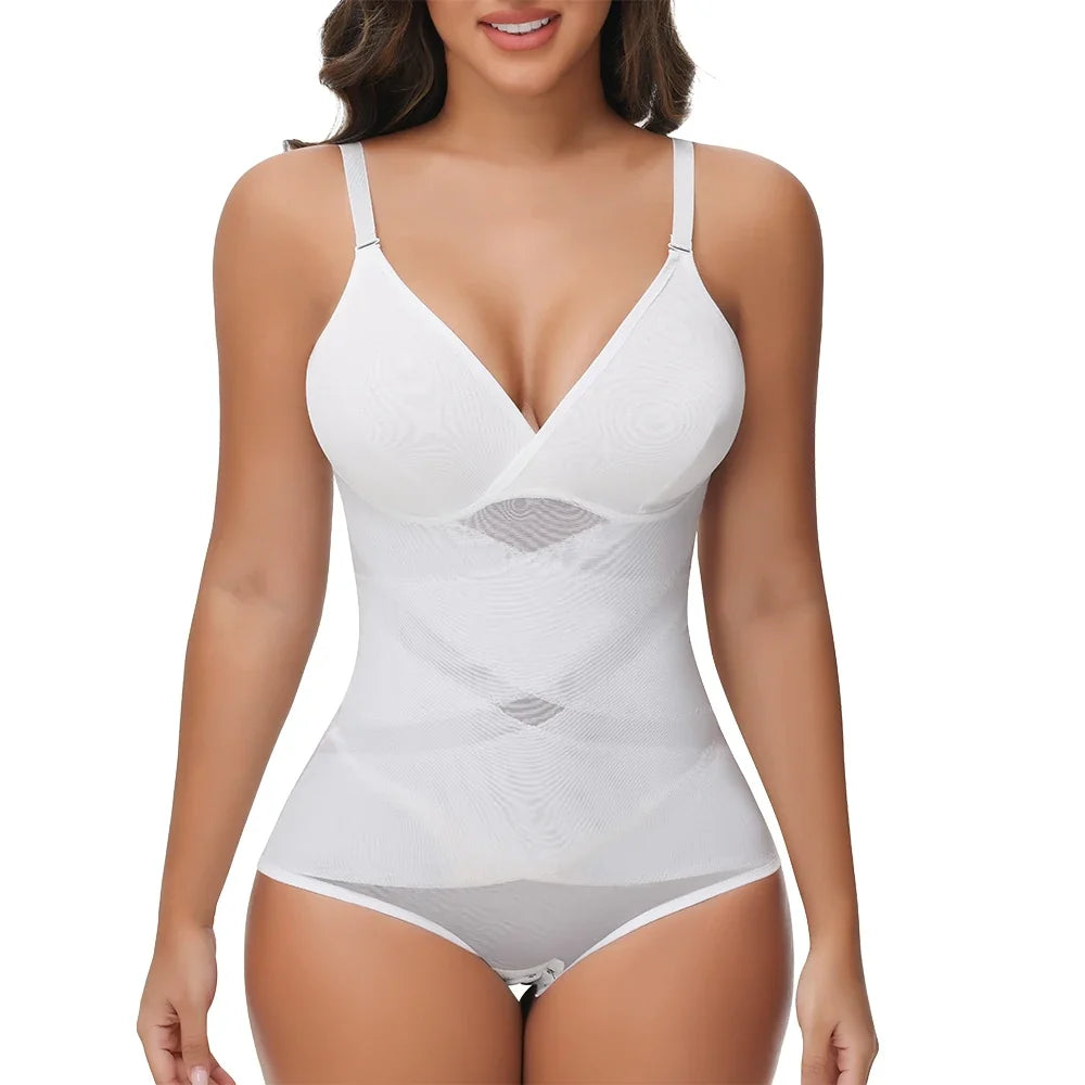 Cross Waist Tummy Control Body Shaping Bodysuit for Women Full Body Control V-Neck Mesh Breathable Briefs Underwear Butt Lifter
