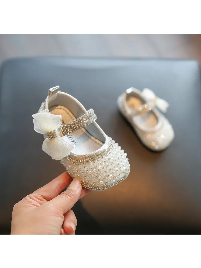 Girls Walking Shoes Lace Mesh Bows Kids Princess Shoes Non-slip Shiny Sequins 2025 New Children Flat Shoes Soft Sole Non-slip