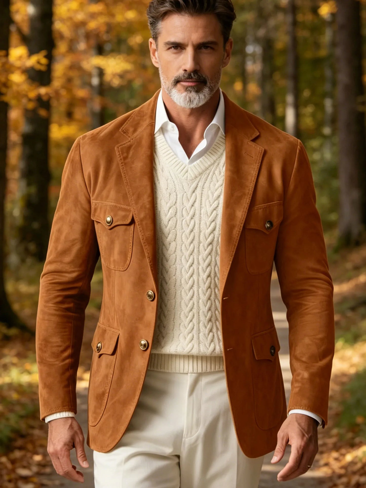 1970s Men's Suede Blazer Retro Slim Fit Two Buttons Multi Pocket High Quality Jacket Fashion Casual Sport Coat For Daily Wear