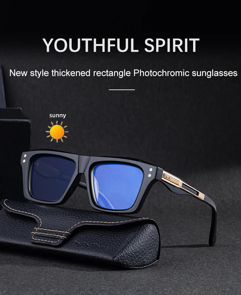 2026 New European and American Fashion Square Frame Photochromic Sunglasses for Men, Retro and Unique Outdoor Driving Sunglasses