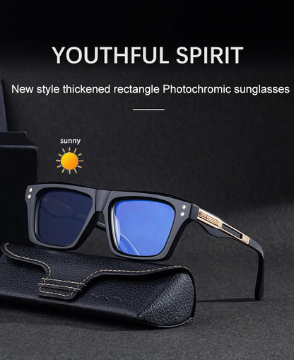 2026 New European and American Fashion Square Frame Photochromic Sunglasses for Men, Retro and Unique Outdoor Driving Sunglasses