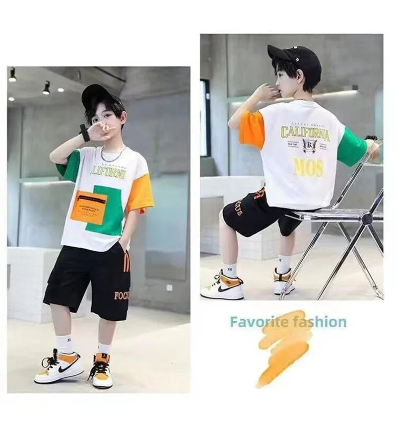 Summer Boys Clothes Sets Teenager Casual Outfits Kids Print T-shirt +Shorts 2Pcs Children Short Sleeve Tracksuit Suits 5-12 Year