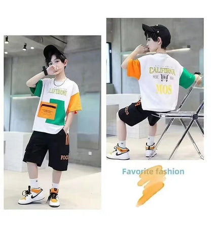 Summer Boys Clothes Sets Teenager Casual Outfits Kids Print T-shirt +Shorts 2Pcs Children Short Sleeve Tracksuit Suits 5-12 Year