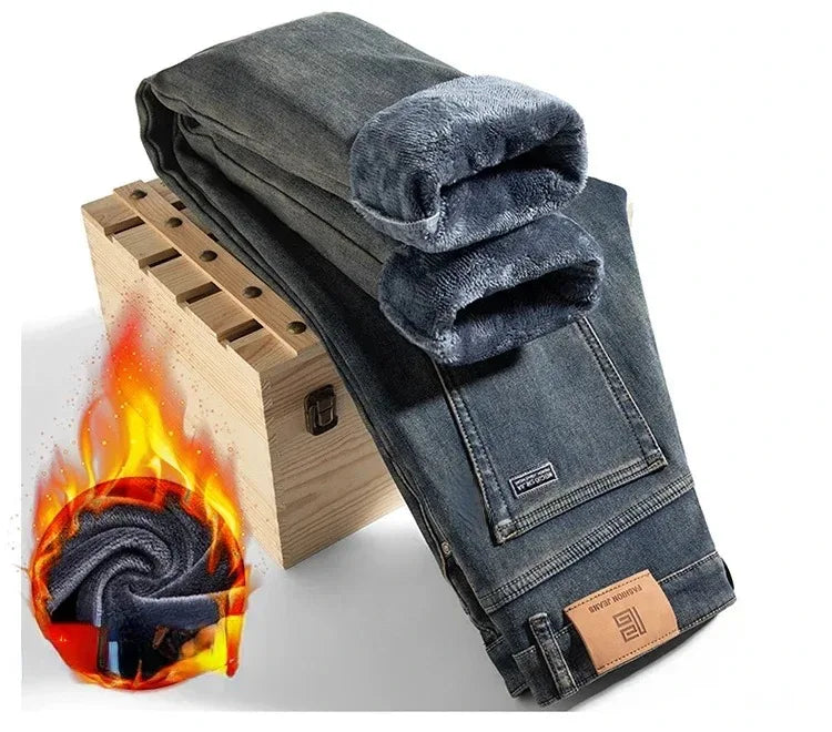 High Quality Winter Jeans New Casual Straight Tube with Fleece Thickening Loose Outside Warm Long Pants Streetwear Men