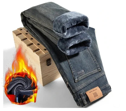 High Quality Winter Jeans New Casual Straight Tube with Fleece Thickening Loose Outside Warm Long Pants Streetwear Men