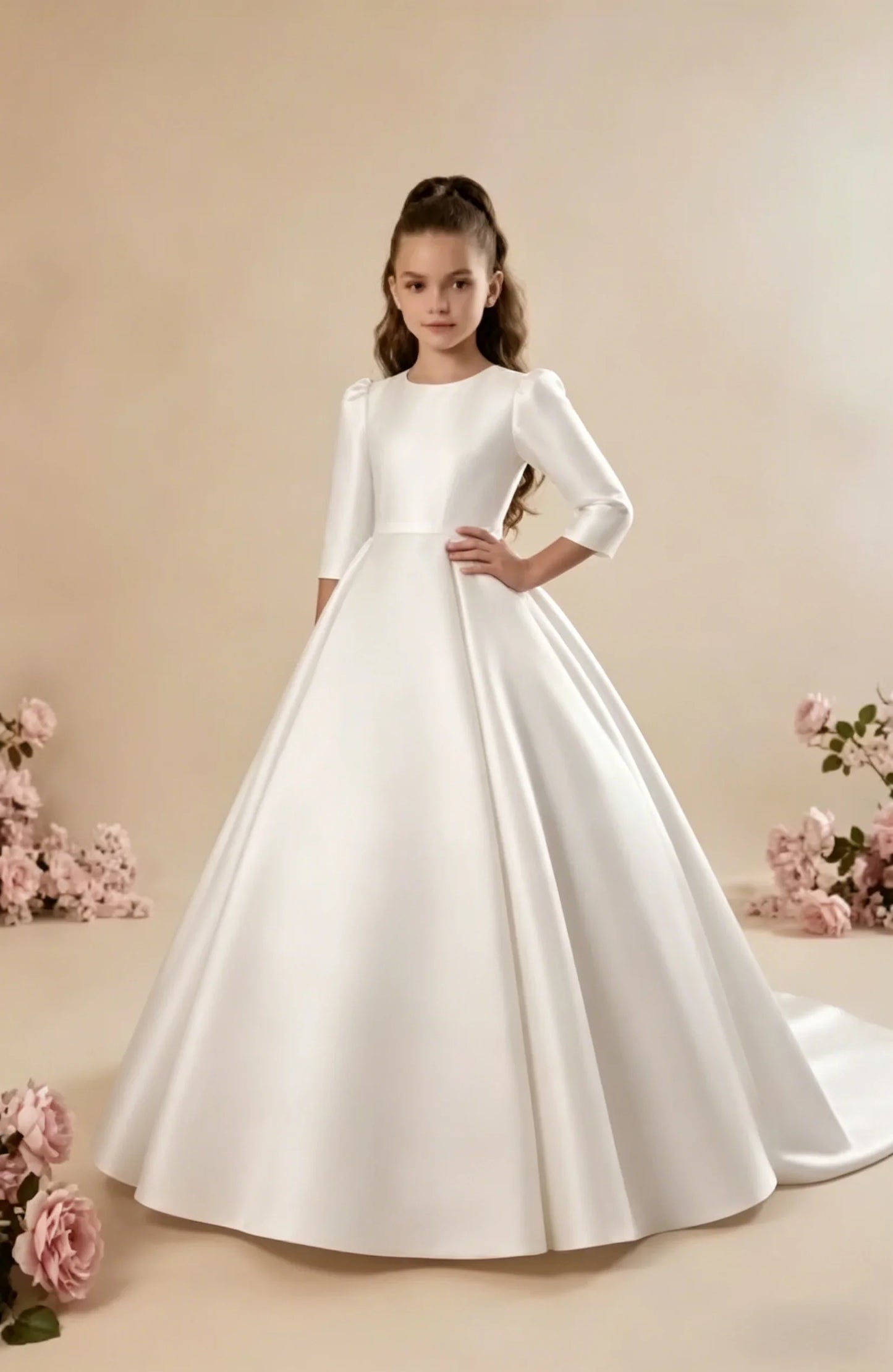 Custom Girls First Communion Dress 2025 New Long Sleeve Matte Satin A-Line Tail Evening Gown Girls Wedding Party Princess Dress