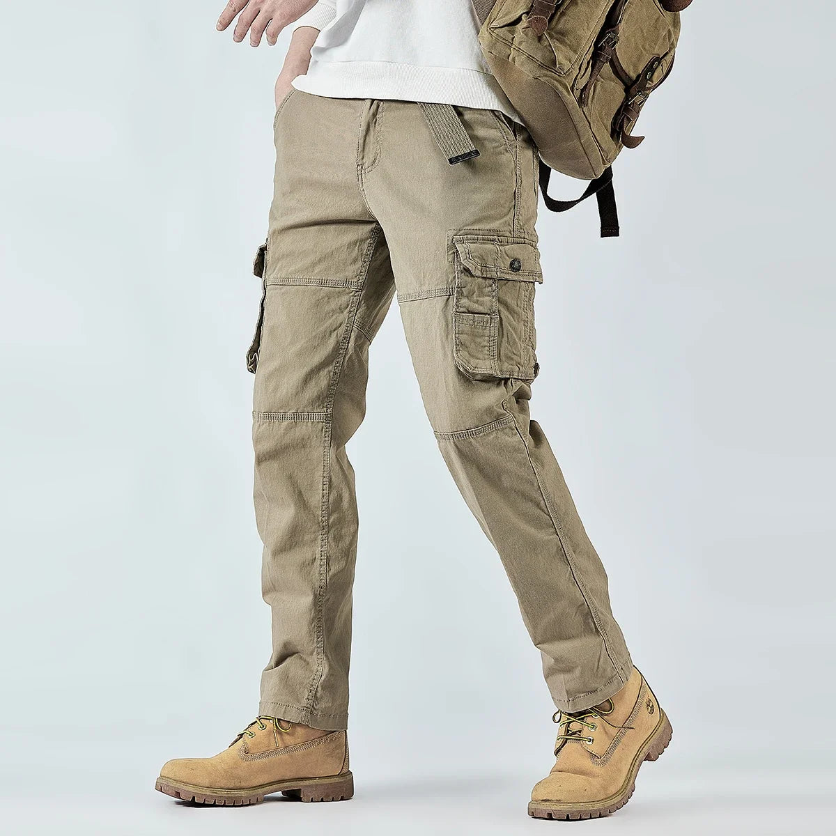 2026 Men's Cargo Pants Straight Leg Cotton Stretch Tactical Trouser Male Military Outdoor Camping Fishing Casual Work Wear Khaki