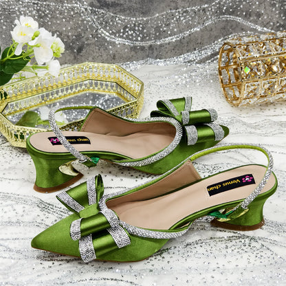 Italy Design 2025 New INS Shoes and Bag to Match Wine Colour Pointed-Toe Rhinestone Bow Party Women's High Heels