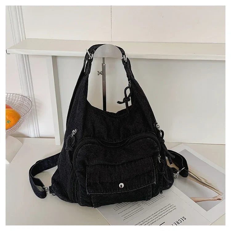 Solid Color Denim Trendy Shoulder Bag for 2025 High Quality Fashion Zipper Large Capacity Versatile Women's Crossbody Bag