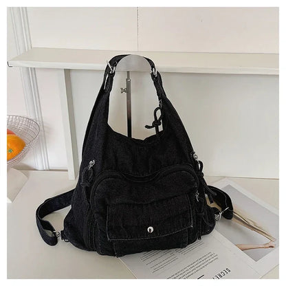 Solid Color Denim Trendy Shoulder Bag for 2025 High Quality Fashion Zipper Large Capacity Versatile Women's Crossbody Bag