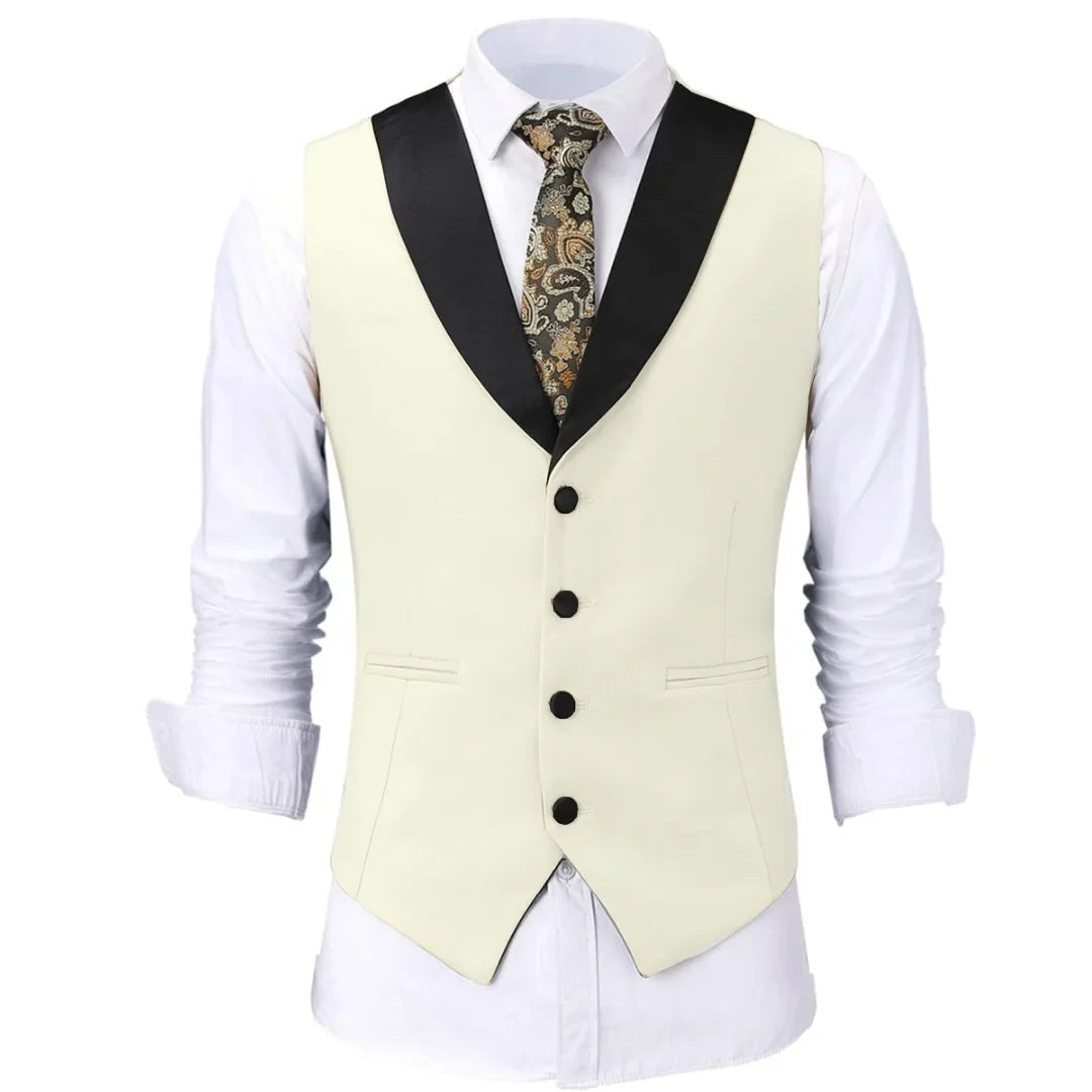 Men Vest White Single Button With Black Lapel Waistcoat For Wedding Birthday Banquet Party Business Work Daily Men Suit Vest