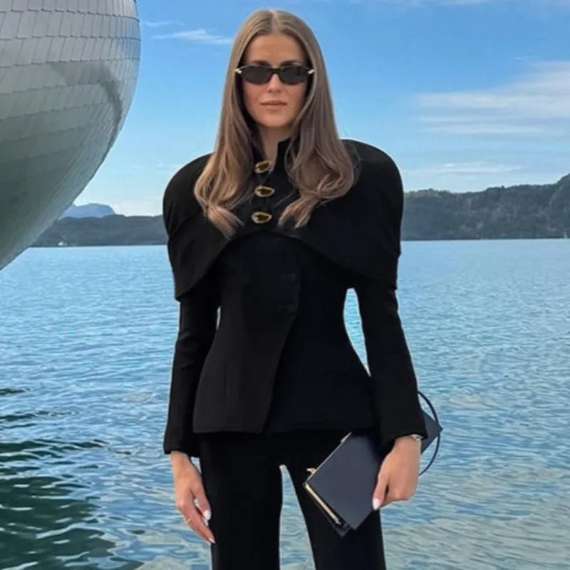 Black Elegant Blazer For Women 2025 Autumn Fashion Gold Buttons Patchwork Jacket Coat Party Vintage Commuter Suit Jacket