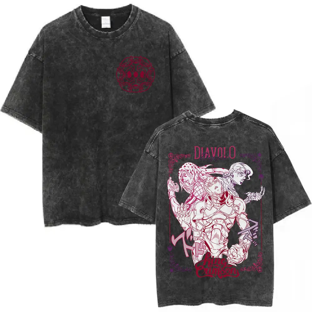 Anime Jojo Bizarre Adventure Washed T-shirt STEEL BALL RUN Diego Brando Manga T-shirts Men Women Cotton Casual Oversized T shirt