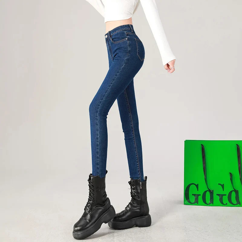 2024 Sexy Women Blue Slim Skinny Denim Jeans High Waist Elastic Mom Jeans Stretch Washed Pencil Pants Streetwear Tight Trousers