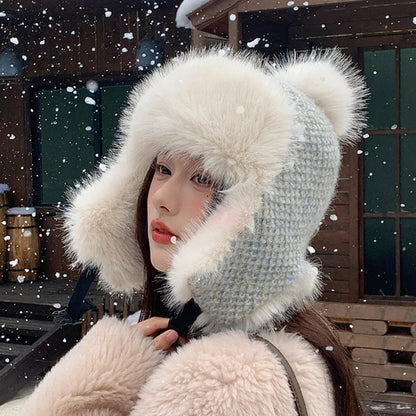 Russian Hat Ushanka Thick Warm Fluffy Fur Hat Women Snow Ski Earflap Cap Female Knitted Hat Skullies Beanies Bomber Hats