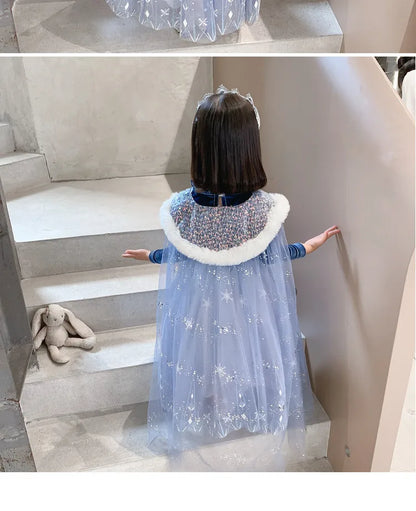 Girls' Spring 2026 New Velvet Elsa Frozen Princess Dress Kids Blue Cape 2 Piece Set Warm Dresses For Girl Party 3-9 Years Old ﻿