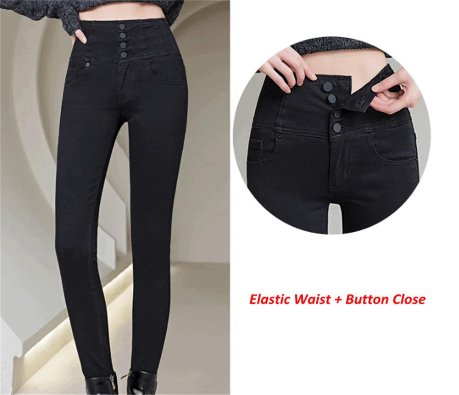 Button Fly Jeans High Waist Front for Women Tummy Control Stretch Denim Black Petite XS - 4XL Dress Pants With Pocket