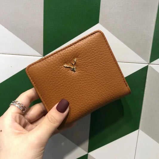 Porte-monnaie court et fin en cuir de vachette pour femme, élégant motif cerf de Noël, porte-cartes en cuir véritable avec bouton, porte-monnaie