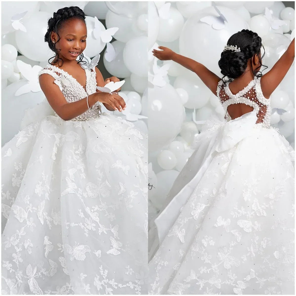 White Flower Girl Dresses for Wedding Butterfly Appliques Pearl Floor Length Girl Kids Birthday Party First Holy Communion Gown