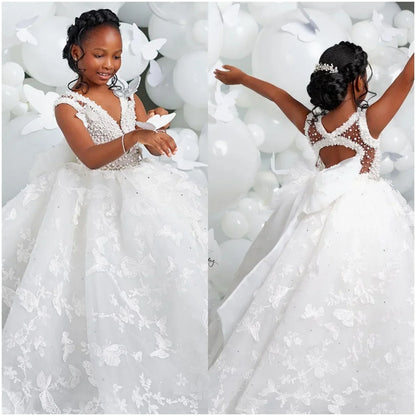 White Flower Girl Dresses for Wedding Butterfly Appliques Pearl Floor Length Girl Kids Birthday Party First Holy Communion Gown